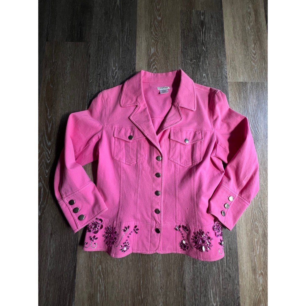 Jendo Denim‎ Jacket Womens 12 Pink Good Embellished Sequin Floral Button Front